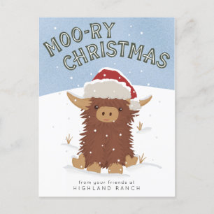 Moo-ry Kerstmis schattig shaggy Highland koe Santa Briefkaart