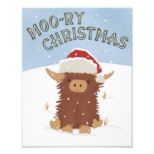 Moo-ry Kerstmis schattig shaggy Highland koe Santa Foto Afdruk