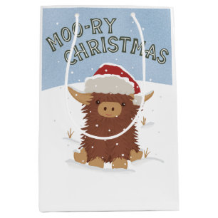 Moo-ry Kerstmis schattig shaggy Highland koe Santa Medium Cadeauzakje