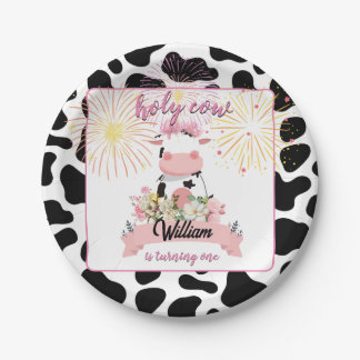 Moo schattig bloemenroze Heilige Koe 1e Verjaardag Papieren Bordje
