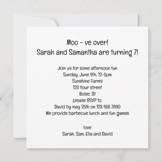 Moo - ve over ! Fête de la vache, invitation d'ann (Dos)