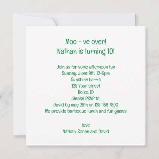 Moo - ve over ! Fête de la vache, invitation d'ann (Dos)