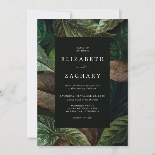 Moody Autumn Leaves Dark Green Wedding Invitation Kaart (Voorkant)