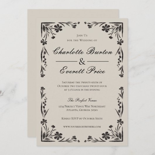 Moody Black Bloemen Huwelijksuitnodiging Kaart (Voorkant / Achterkant)