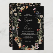 Moody Black Boho Wildflower bruiloft uitnodiging (Voorkant / Achterkant)