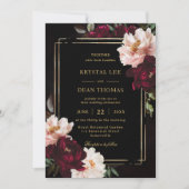 Moody Black Bourgogne Blush Bloemen Pioenen Huweli Kaart (Voorkant)