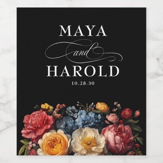 Moody Black Floral Botanische bruiloft Wijn Etiket (Enkel label)