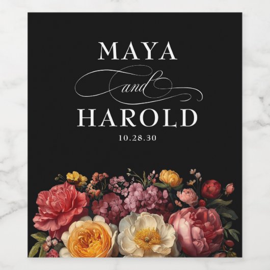 Moody Black Floral Botanische bruiloft Wijn Etiket (Enkel label)