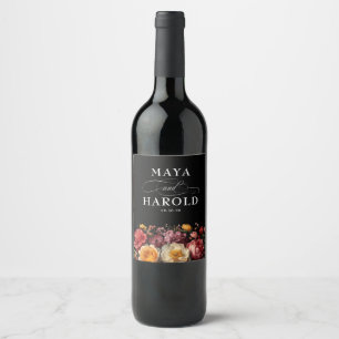 Moody Black Floral Botanische bruiloft Wijn Etiket