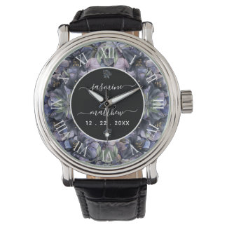 Moody Black Floral Classic Couple Names Wedding Horloge