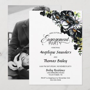Moody Black Floral Custom Photo Engagement Party Kaart