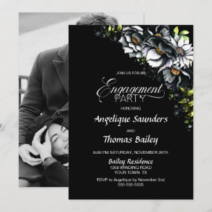 Moody Black Floral Custom Photo Engagement Party Kaart
