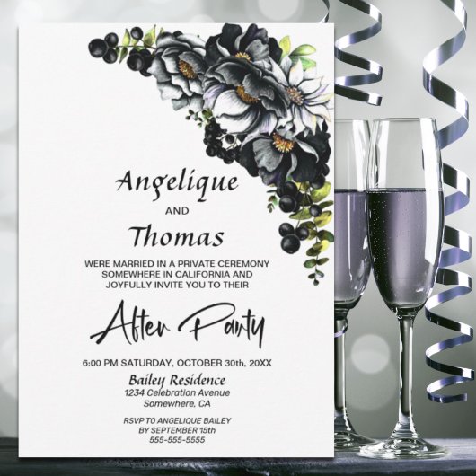 Moody Black Floral Mariage Réception Invitation