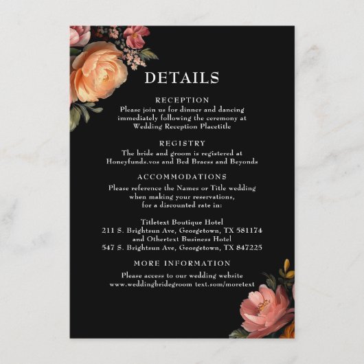 Moody Black Floral Wedding Details Enclosure Kaart (Voorkant)