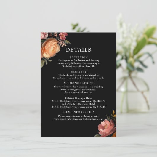 Moody Black Floral Wedding Details Enclosure Kaart (Staand voorkant)