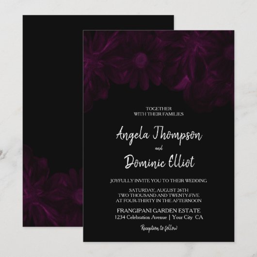 Moody Black Floral Wedding Kaart (Voorkant / Achterkant)