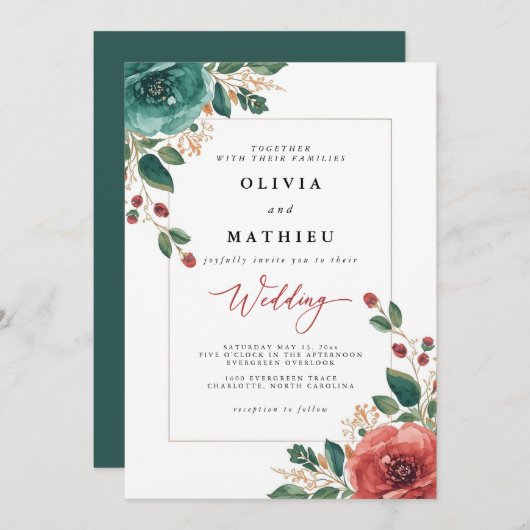 Moody Blauwgroen en rode bloemen bruiloft Kaart (Voorkant / Achterkant)