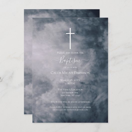 Moody Blue Clouds Celestial Cross Baptisme Kaart (Voorkant / Achterkant)