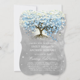Moody Blue Gray Silver Heart Leaf Tree Wedding Kaart