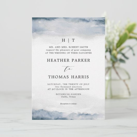 Moody Blue Waterverf Classic Elegant Bruiloft Kaart (Staand voorkant)