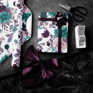 Moody Boho Aubergine Paarse en Blauwgroen Roos P Cadeaupapier