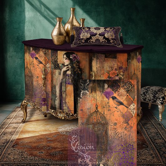 Moody Boho Bird & Birdcage Patchwork Art Tissuepapier