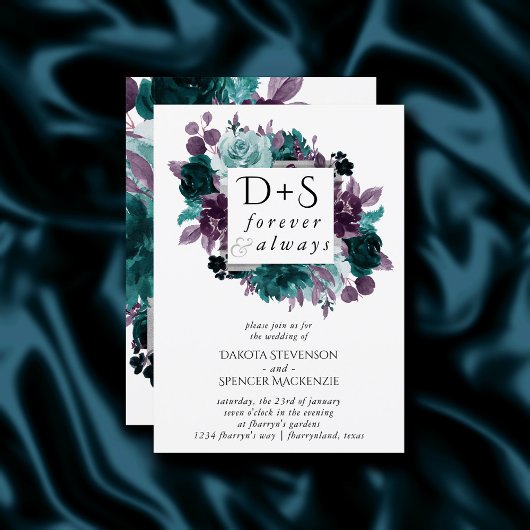Moody Boho | Blauwgroen bloemenkrans Monogram brui Kaart