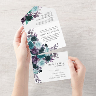 Moody Boho | Blauwgroen en Paarse donkere bloemboe All In One Uitnodiging