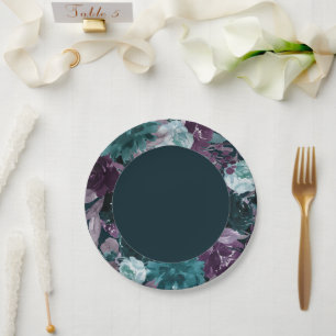 Moody Boho Diepe Blauwgroen en Paarse bloemenkra Papieren Bordje