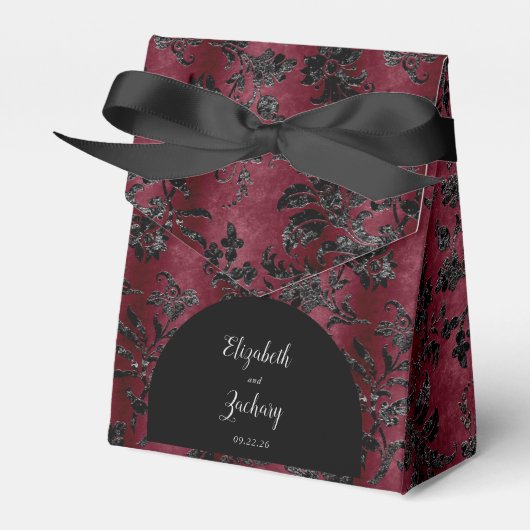 Moody bordeaux zwart damast boog bruiloft bedankdoosjes (Voorkant Zijde)