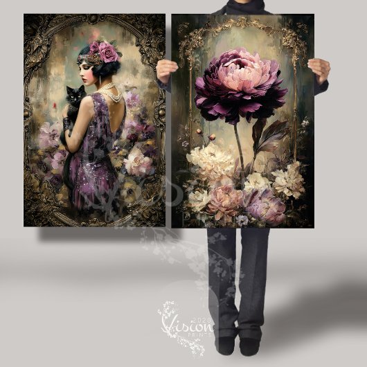 Moody Boudoir Portrait Cat & Peony Wall Art Set