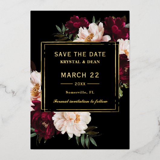 Moody Bourgogne Blush Bloemen Trouwen Save the Dat Folie Uitnodiging (Voorkant)