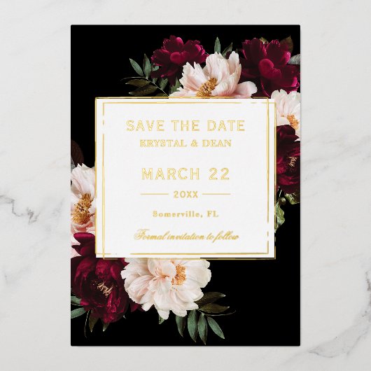 Moody Bourgogne Blush Bloemen Trouwen Save the Dat Folie Uitnodiging (Voorkant)