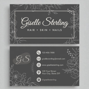 Moody Charcoal Grey Bloemen Line Art Modern Script Visitekaartje
