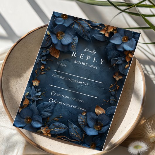 Moody Copper Floral Wedding RSVP Kaartje