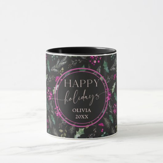 Moody Cute Winter Holly Joyeux Vacances Mug (Centre)