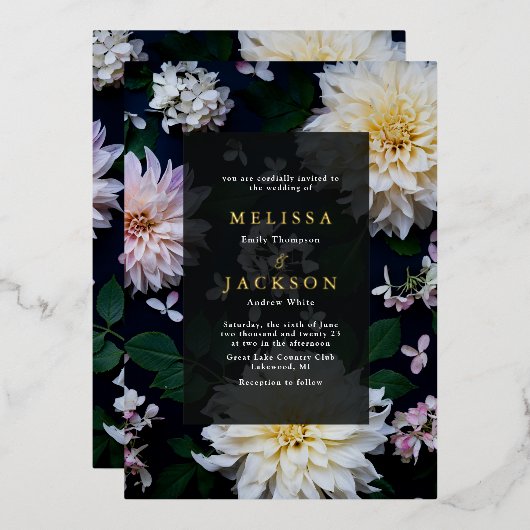 Moody Dahlia Floral Mariage Foil Invitation (Recto/Verso)