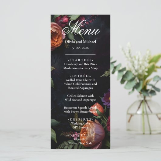 Moody Dark Floral Boho rozen Menu (Staand voorkant)