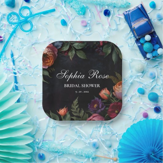  Moody Dark Floral Boho rozen Papieren Bordje (Feest)
