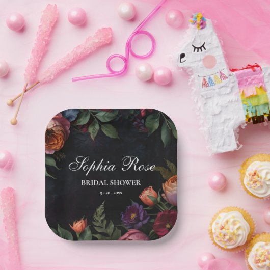 Moody Dark Floral Boho rozen Papieren Bordje (Feest)