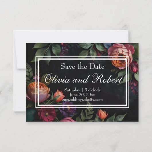  Moody Dark Floral Boho rozen Save The Date (Voorkant)