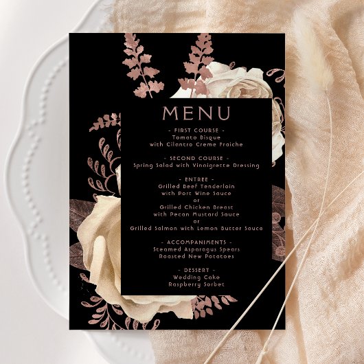Moody Dark Floral Ivoor Roos Gold Wedding Menu