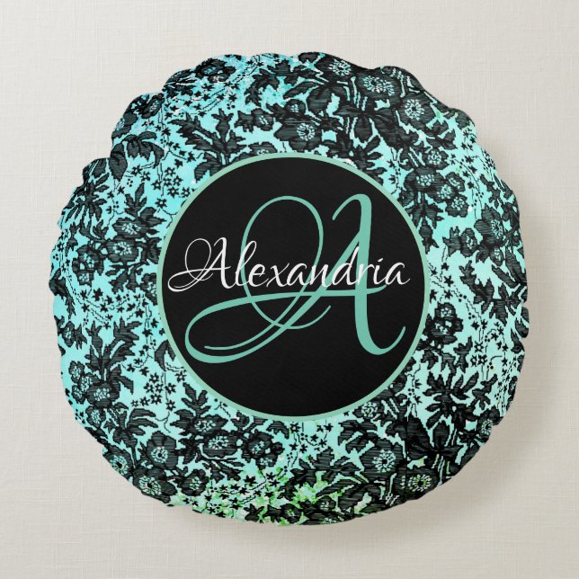 Moody Dark Floral op Turquoise Monogram Rond Kussen (Voorkant)