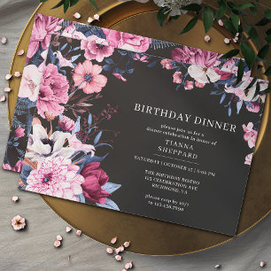 Moody Dark Floral   Zwart en Roze Verjaardagsdiner Kaart