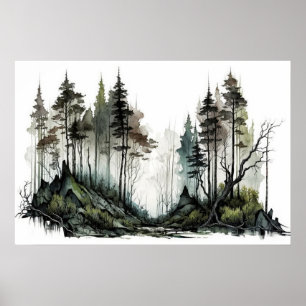 Moody Dark Forest Waterverf Poster