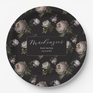 Moody Dark Peony Floral Baby Shower  Papieren Bordje