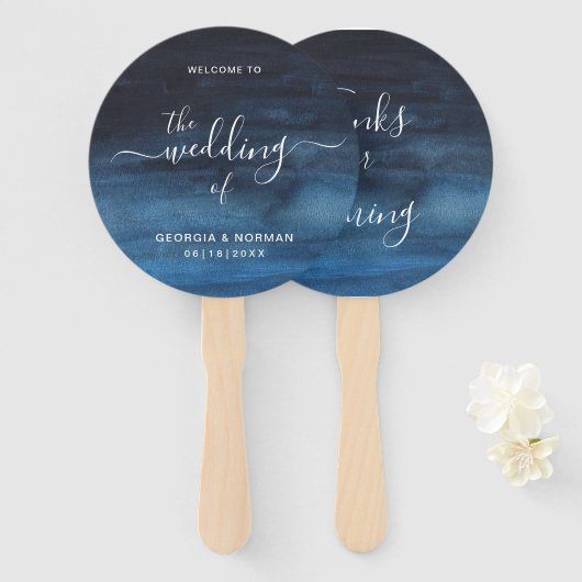 Moody Dark Waterverf Navy Blue Wedding Handwaaier (Voorkant en achterkant)