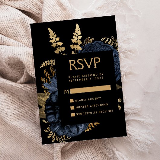 Moody Donker Bloemen Navy Blauw Goud Bruiloft RSVP Informatiekaartje