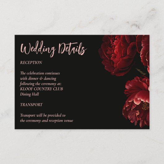 Moody donker bloemenbruiloft details informatiekaartje (Voorkant)