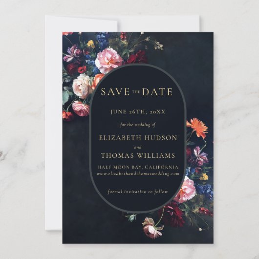 Moody Donker Elegant Romantisch Bloemen Ovaal Brui Save The Date (Voorkant)